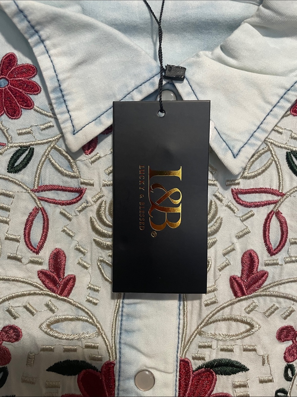 Lucky & Blessed Light Wash Denim Button-Down with Red Floral Embroidery - Picture 4 of 8